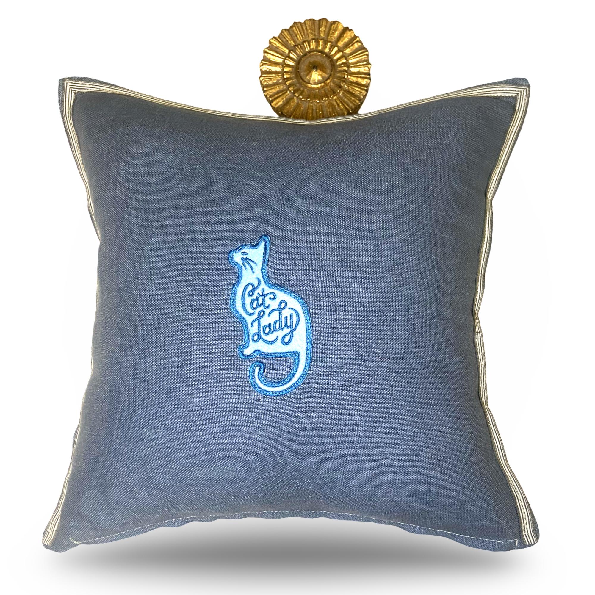 Embroidered Cat Silhouette Linen Pillow - Decorative Throw Pillow