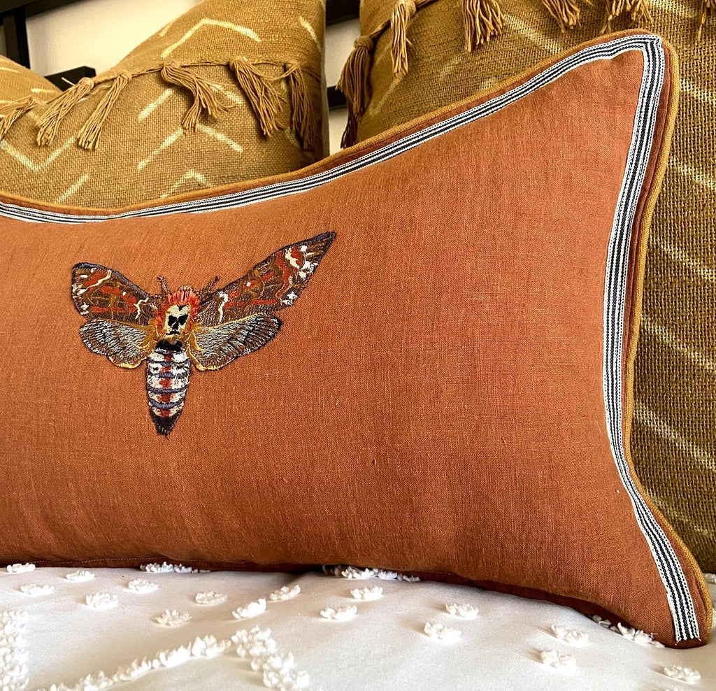 Embroidered Moth Linen Pillow: Slate Blue Decorative Lumbar