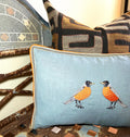 Slate Blue Embroidered Robin Bird Linen Pillow