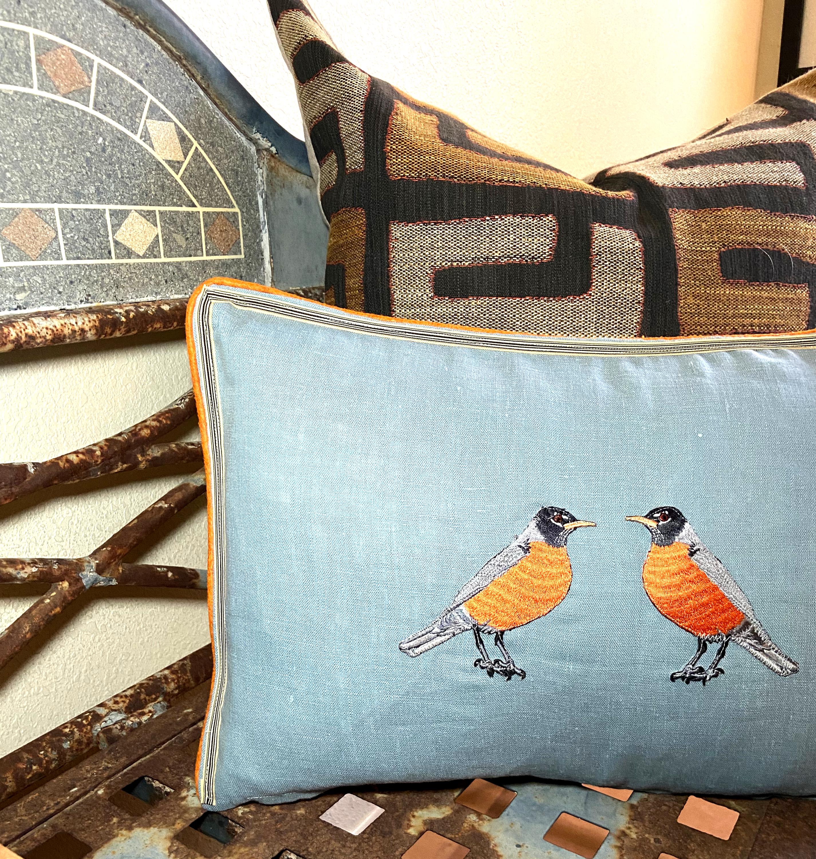 Slate Blue Embroidered Robin Bird Linen Pillow