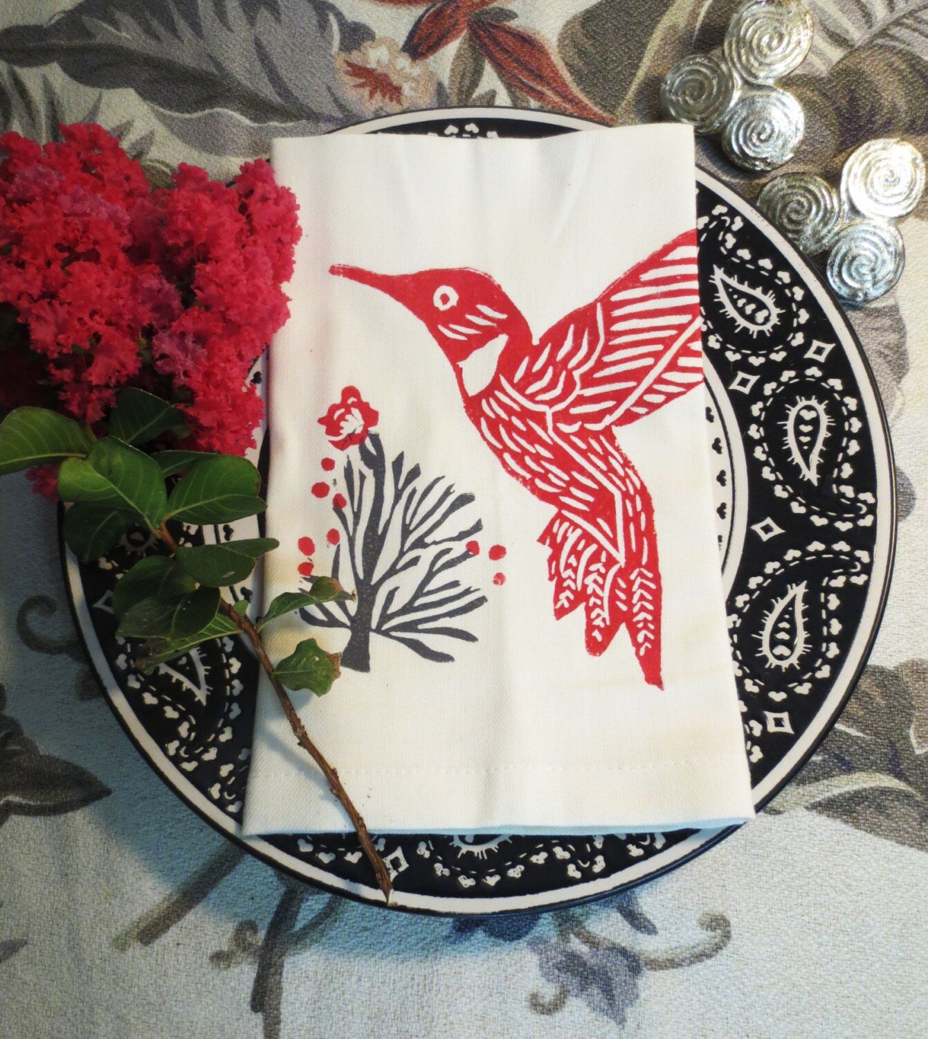 Hand Printed Hummingbird Cotton Napkins - Set of Four