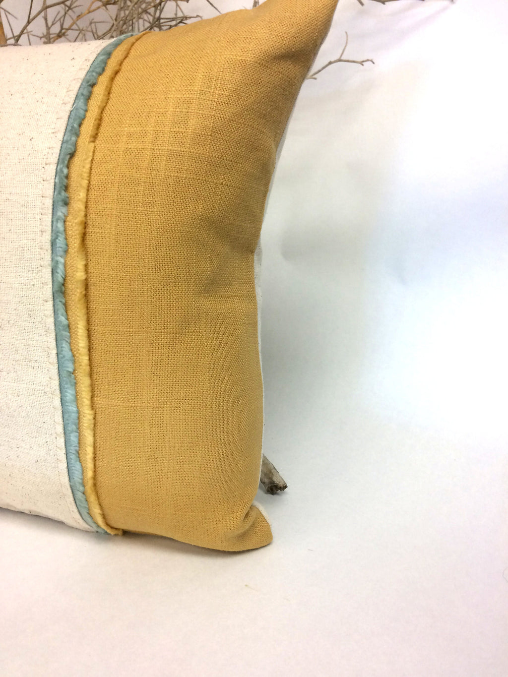 Hand Printed Cactus Pillow: Mustard Yellow Linen with Fringe Trim