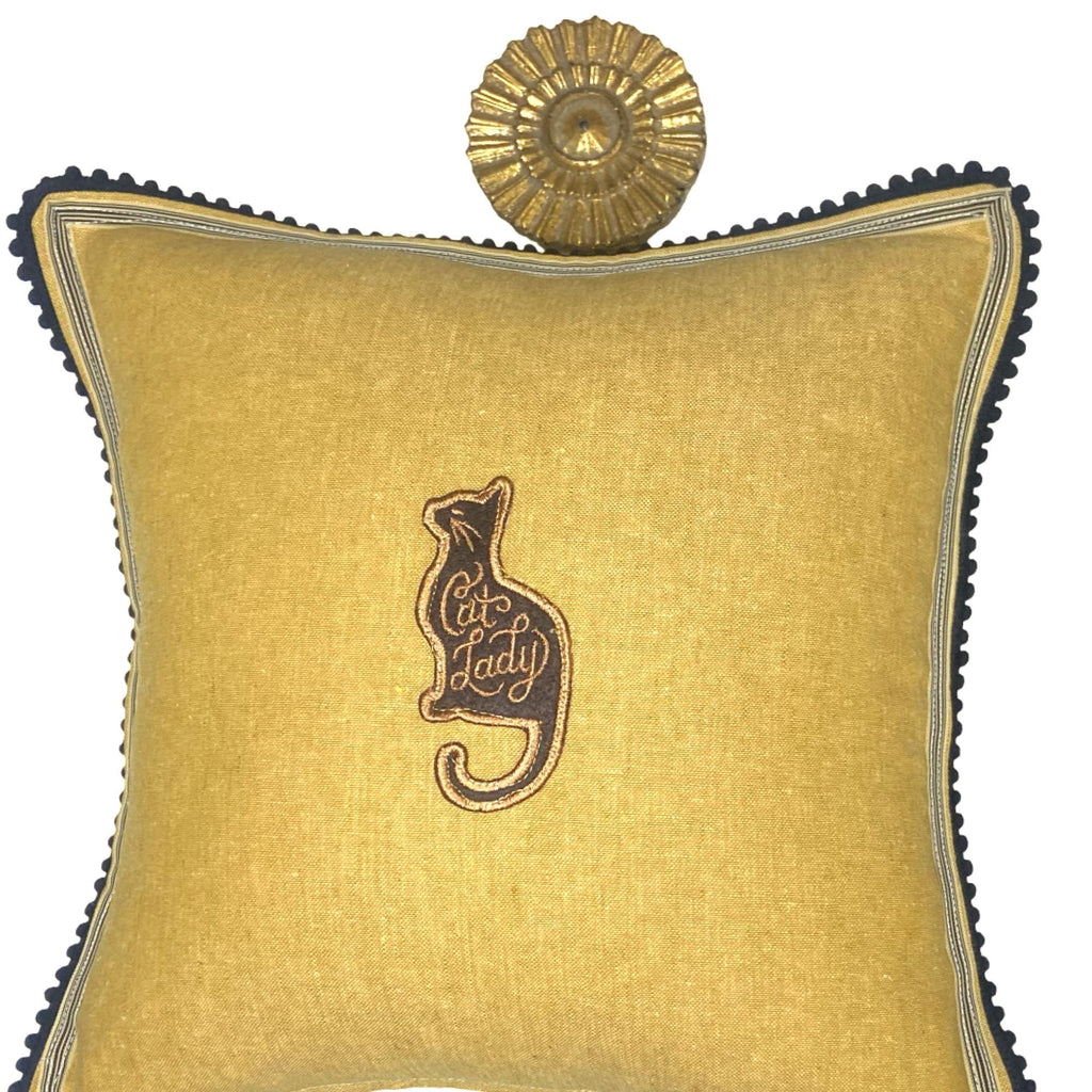 Embroidered Cat Silhouette Linen Pillow - Decorative Throw Pillow