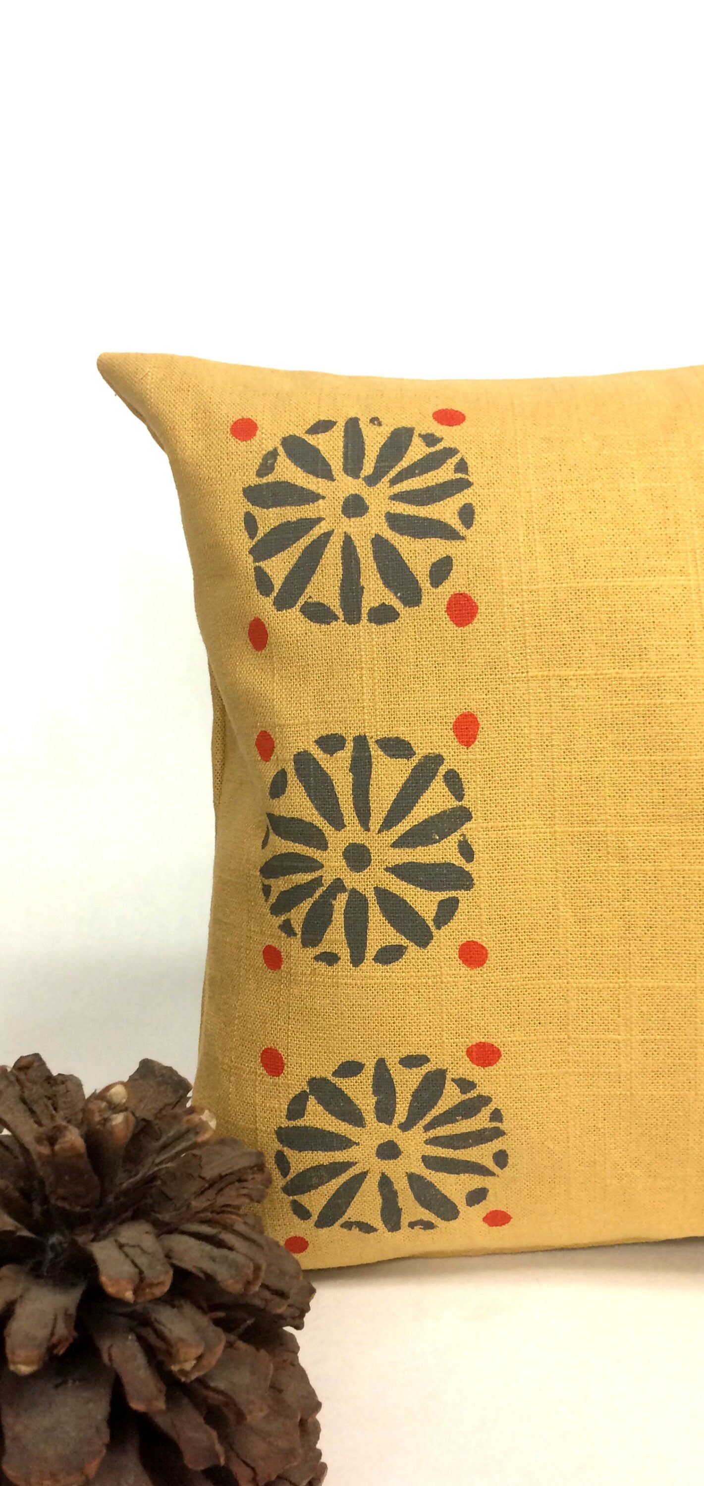 Hand Printed Linen Pillow: Mustard Geometric Block Print, Tuscan Style