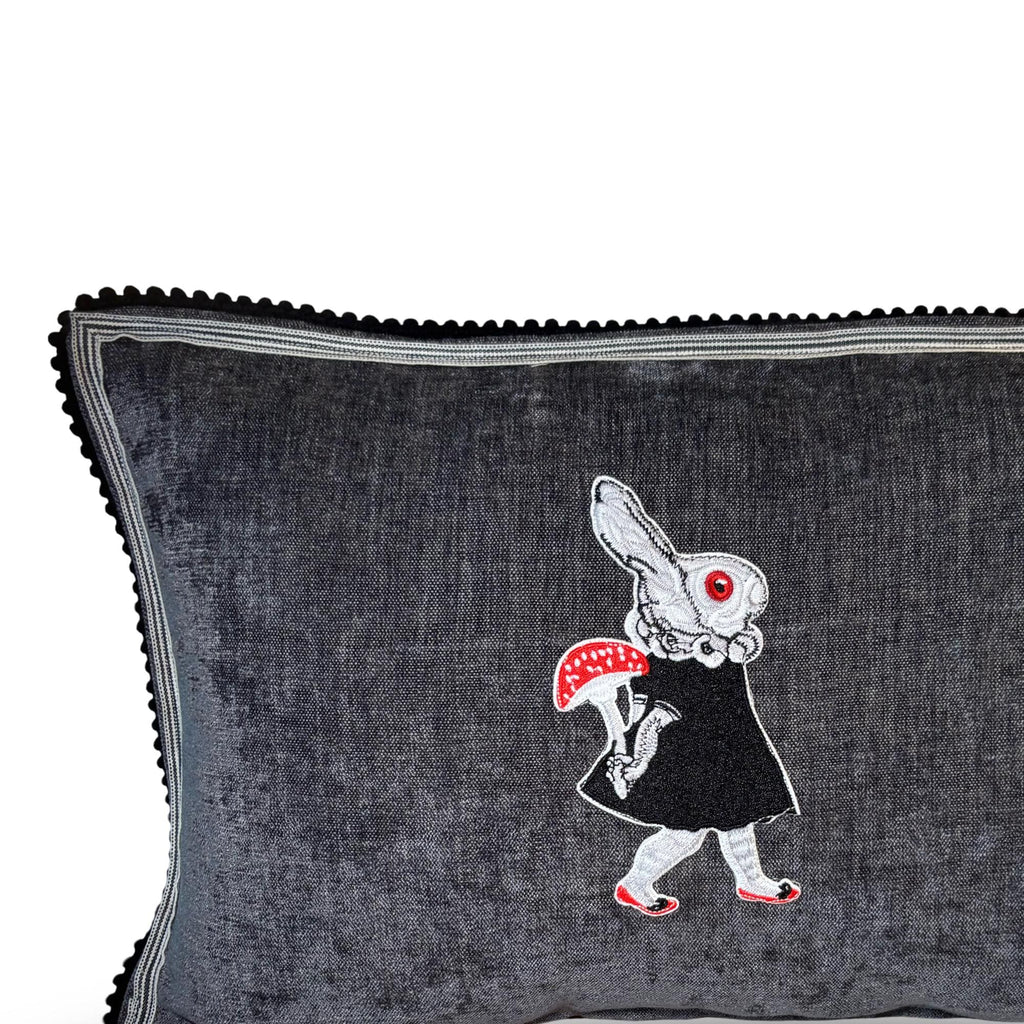Embroidered Rabbit Pillow – Whimsical Gothic Chenille Cushion (12"x20")