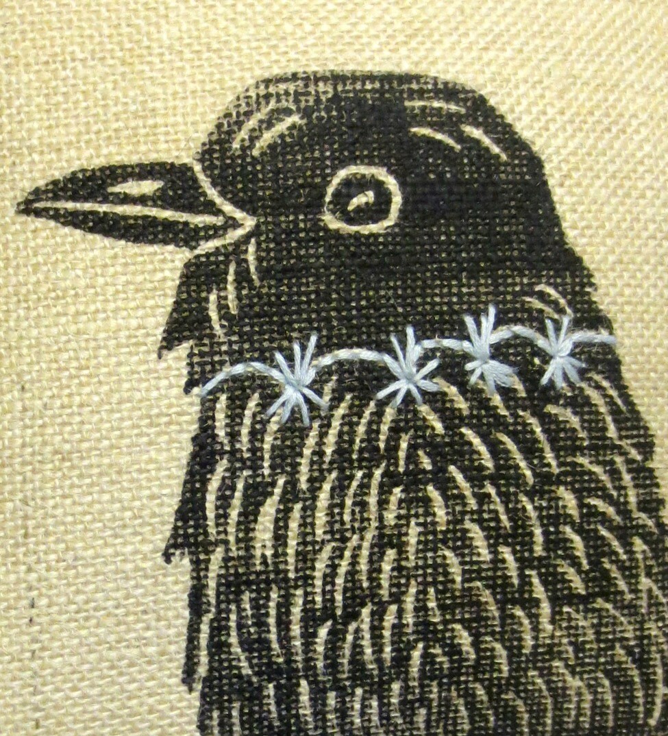 Raven Print Pillow: Poly Burlap with Hand Embroidery