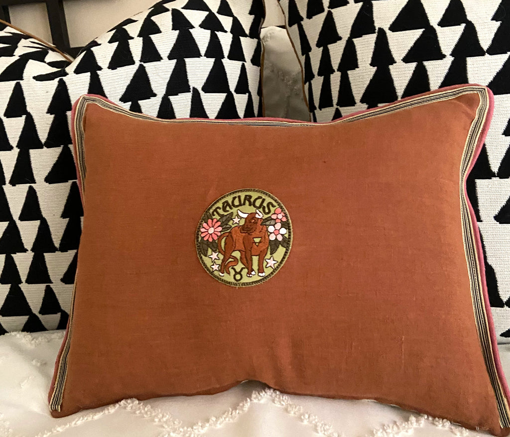 Zodiac Embroidery Linen Pillow: Caramel Brown Accent Pillow