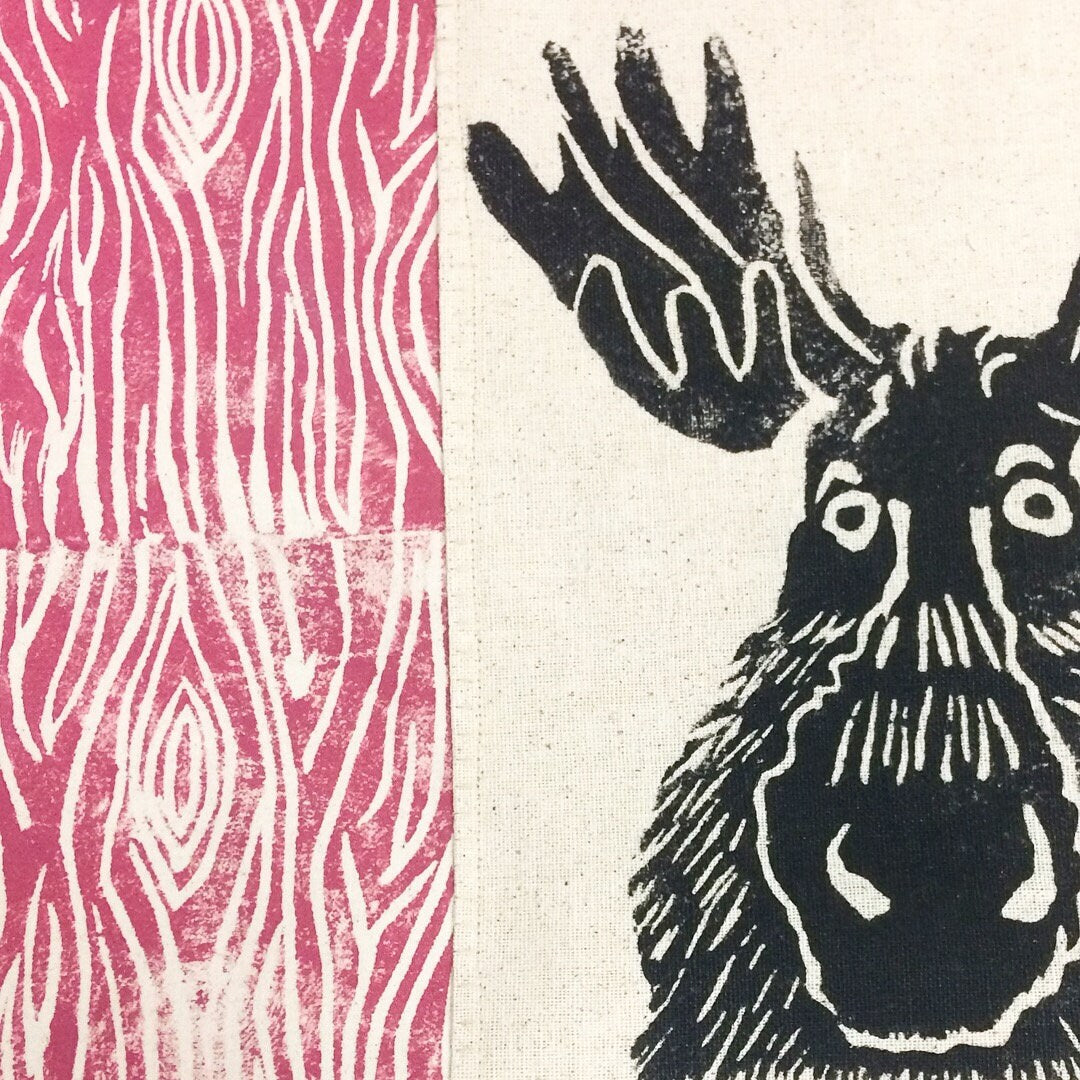 Moose Pillow: Woodland Wood Grain Print, Hand Carved