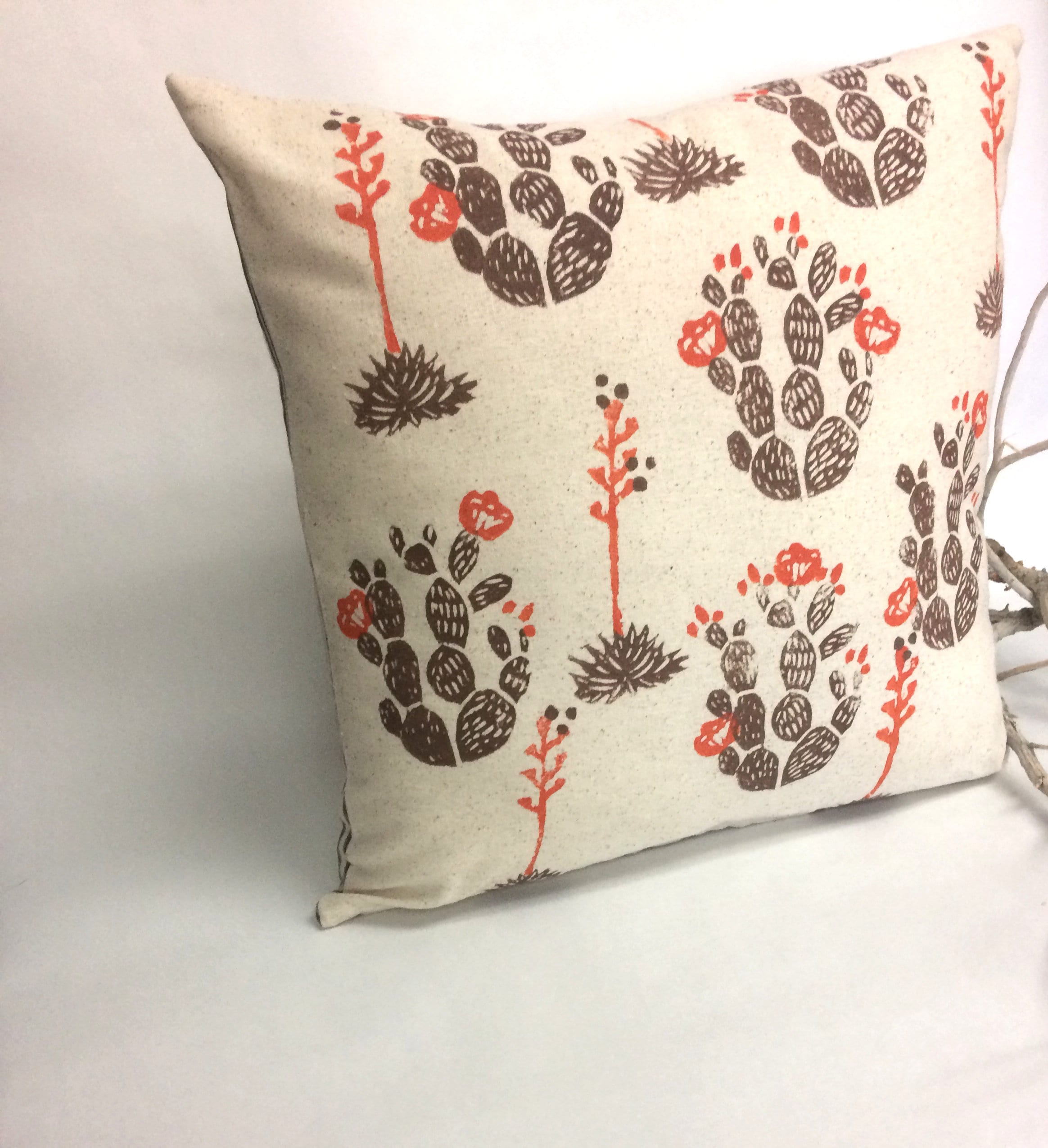 Hand Block Printed Cactus Pillow Cover: Desert Floral Design