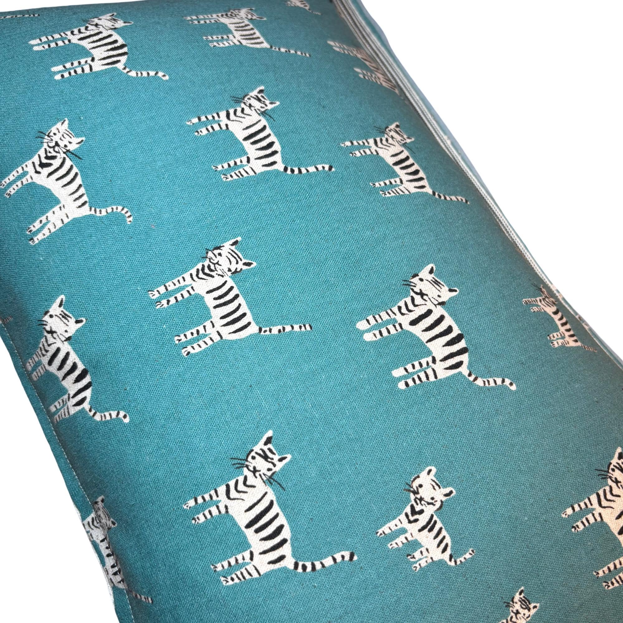 Teal turquoise and white tiger cat print  kidney pillow -  nursery gift