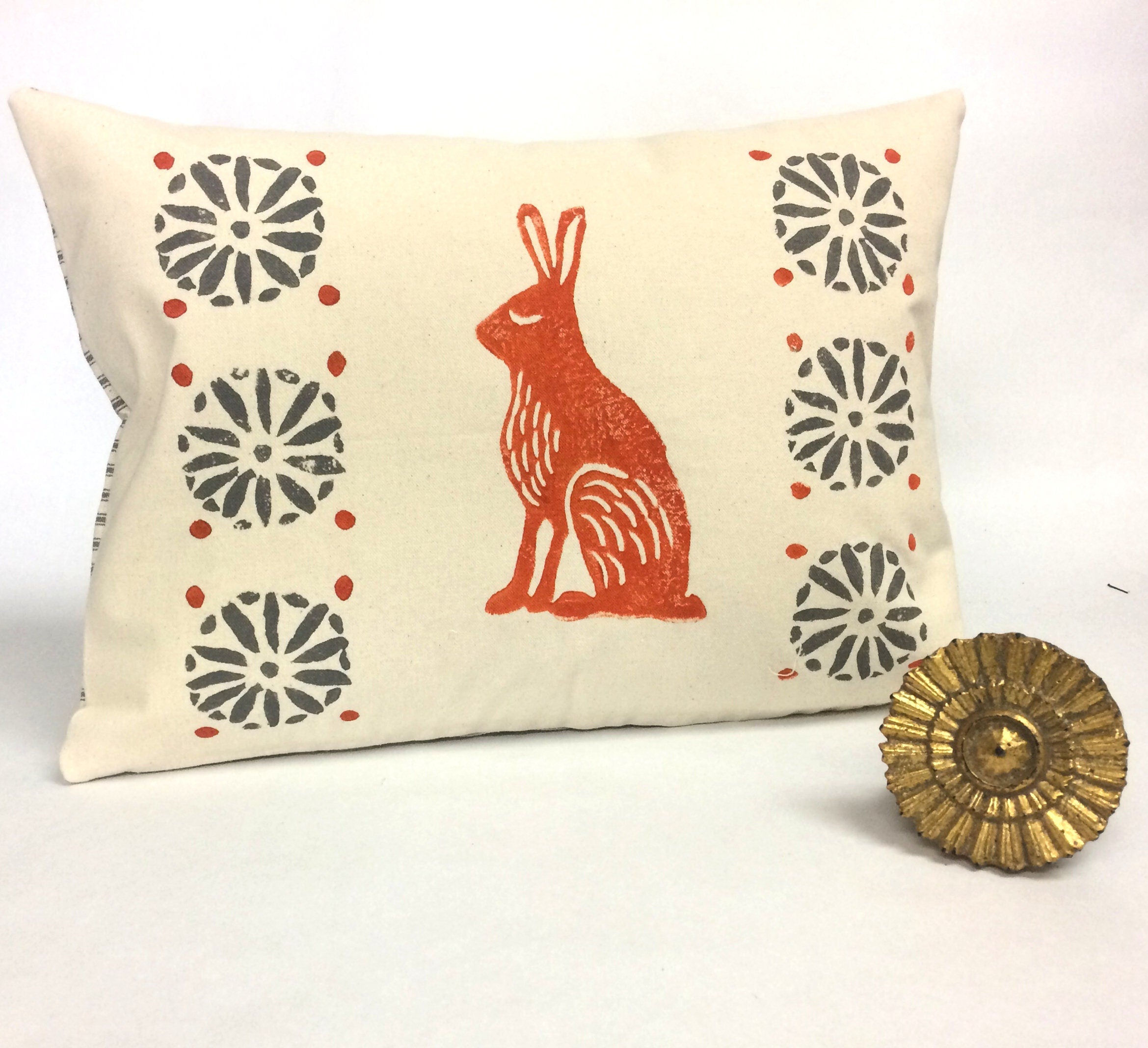 Orange Rabbit Print Kidney Pillow: Mid-Century Moroccan Decor
