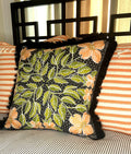 Floral Print Pillow: Black Cotton with Peach Flowers & Brush Fringe