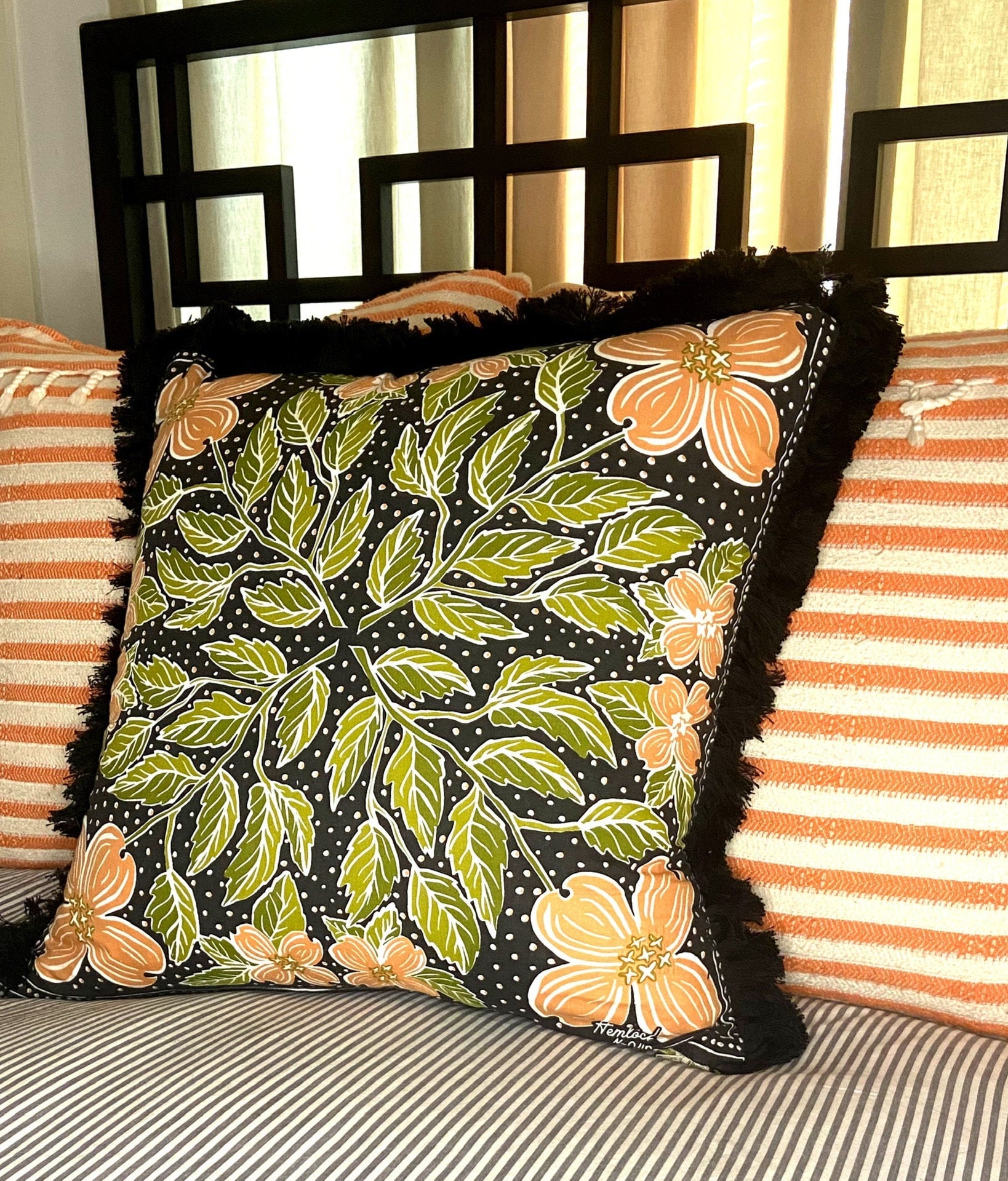 Floral Print Pillow: Black Cotton with Peach Flowers & Brush Fringe