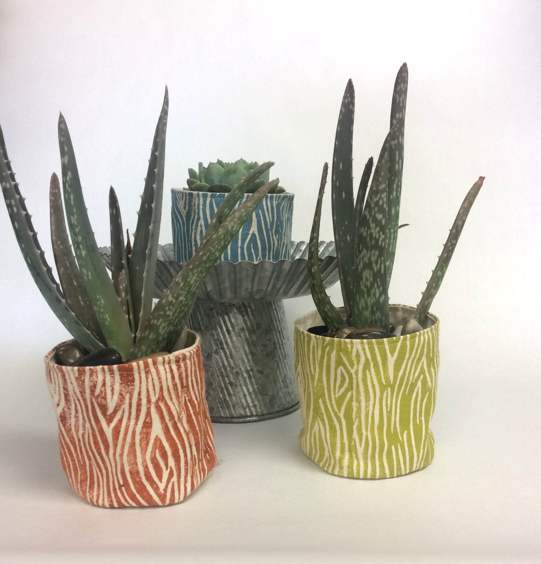 Wood Grain Print Fabric Plant Pot: Blockprinted Organic Cotton Sleeve