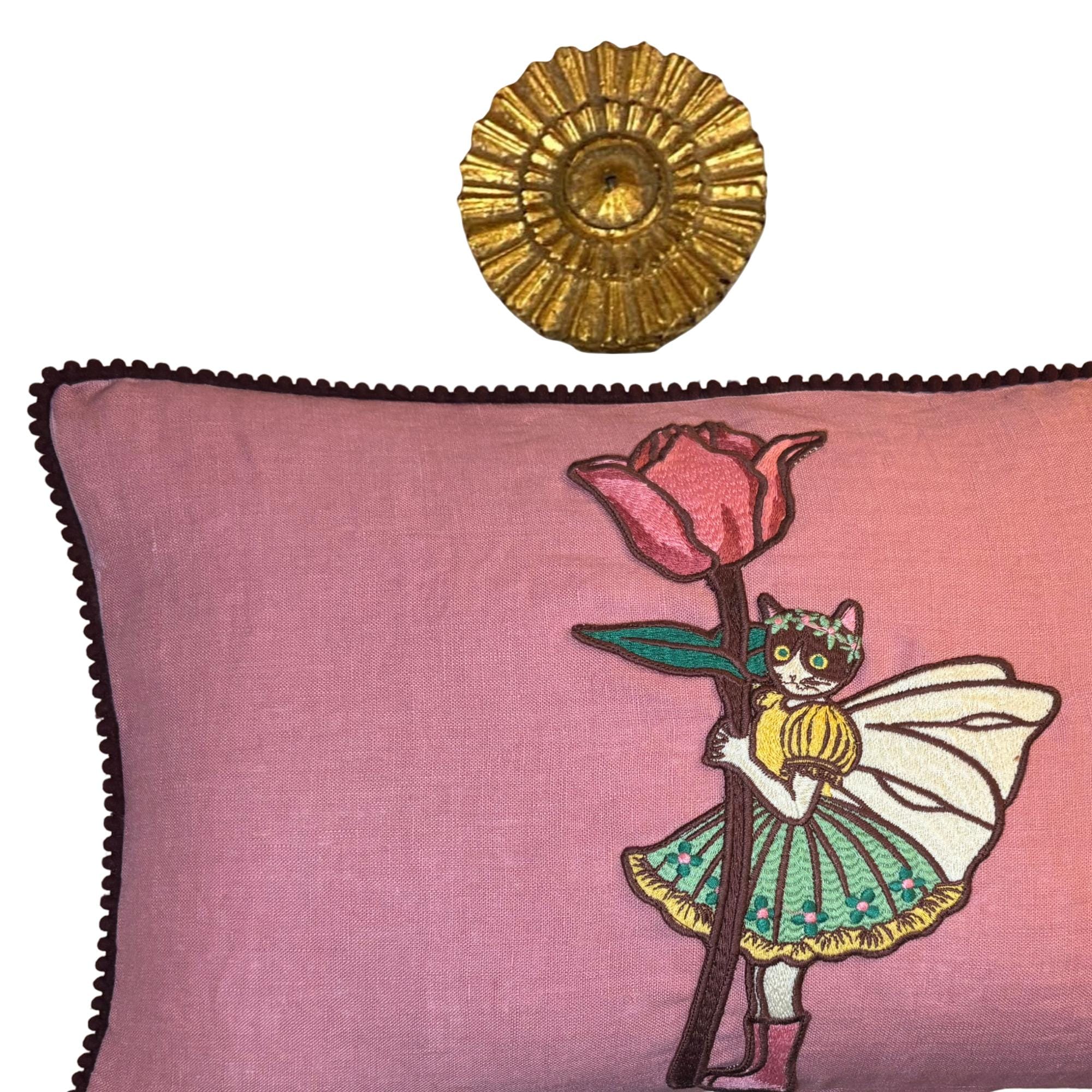 Embroidered Linen Cat Pillow – Whimsical Tulip Flower Design
