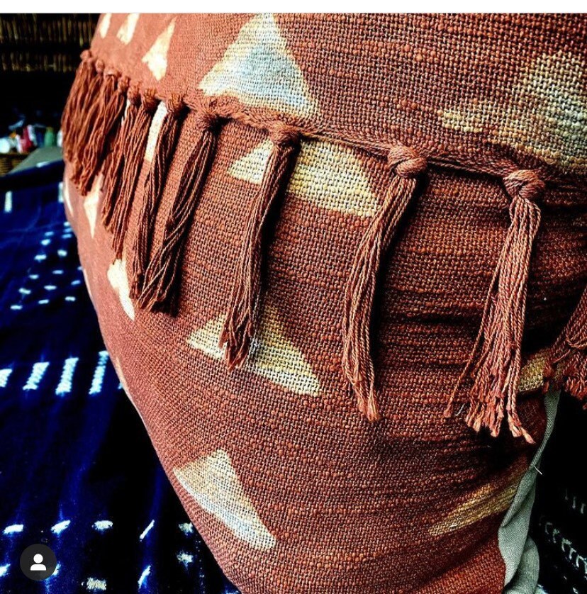 Authentic African Mudcloth Pillow: Rust Tassel Linen Cushion