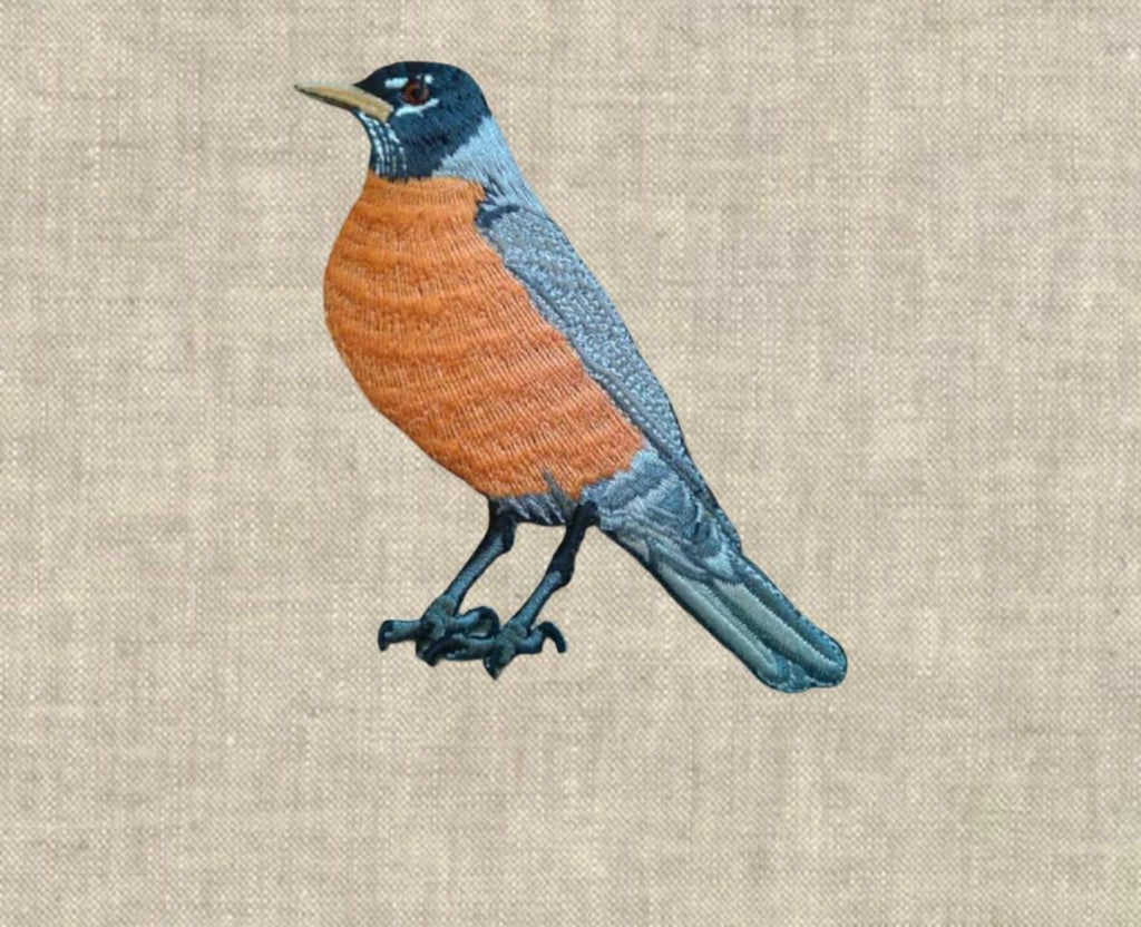 Embroidered Robin Bird Linen Pillow: Slate Blue & Orange Accent
