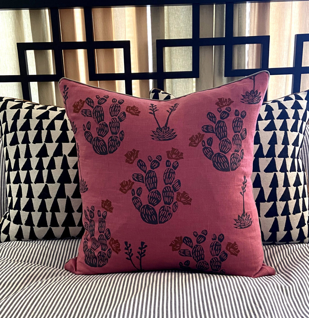 Rose Pink Linen Cactus Print Pillow
