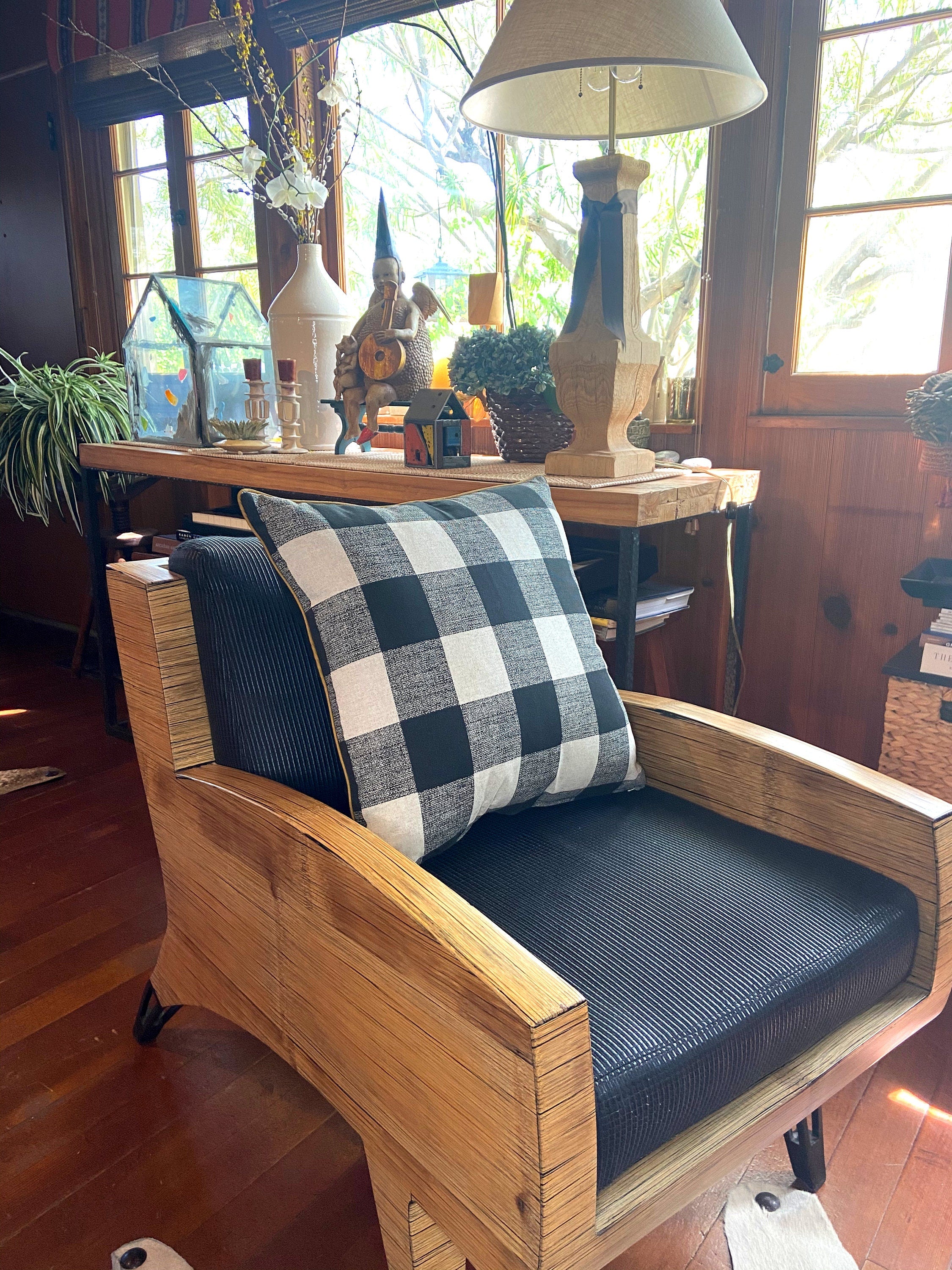 Buffalo Check Pillow: Black Beige Gingham with Mustard Trim