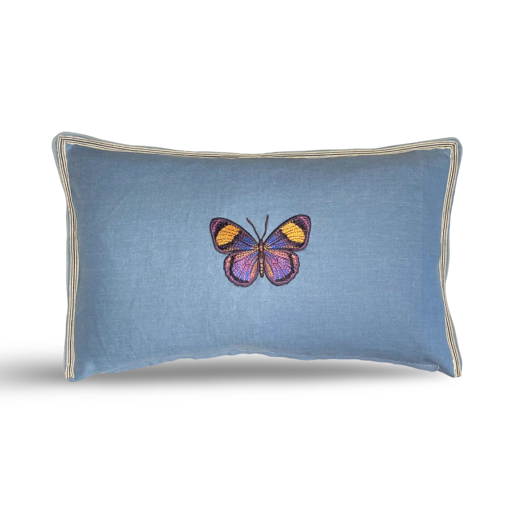 Butterfly Aqua Blue Green Embroidered  Linen Pillow - Embroidery Pillow