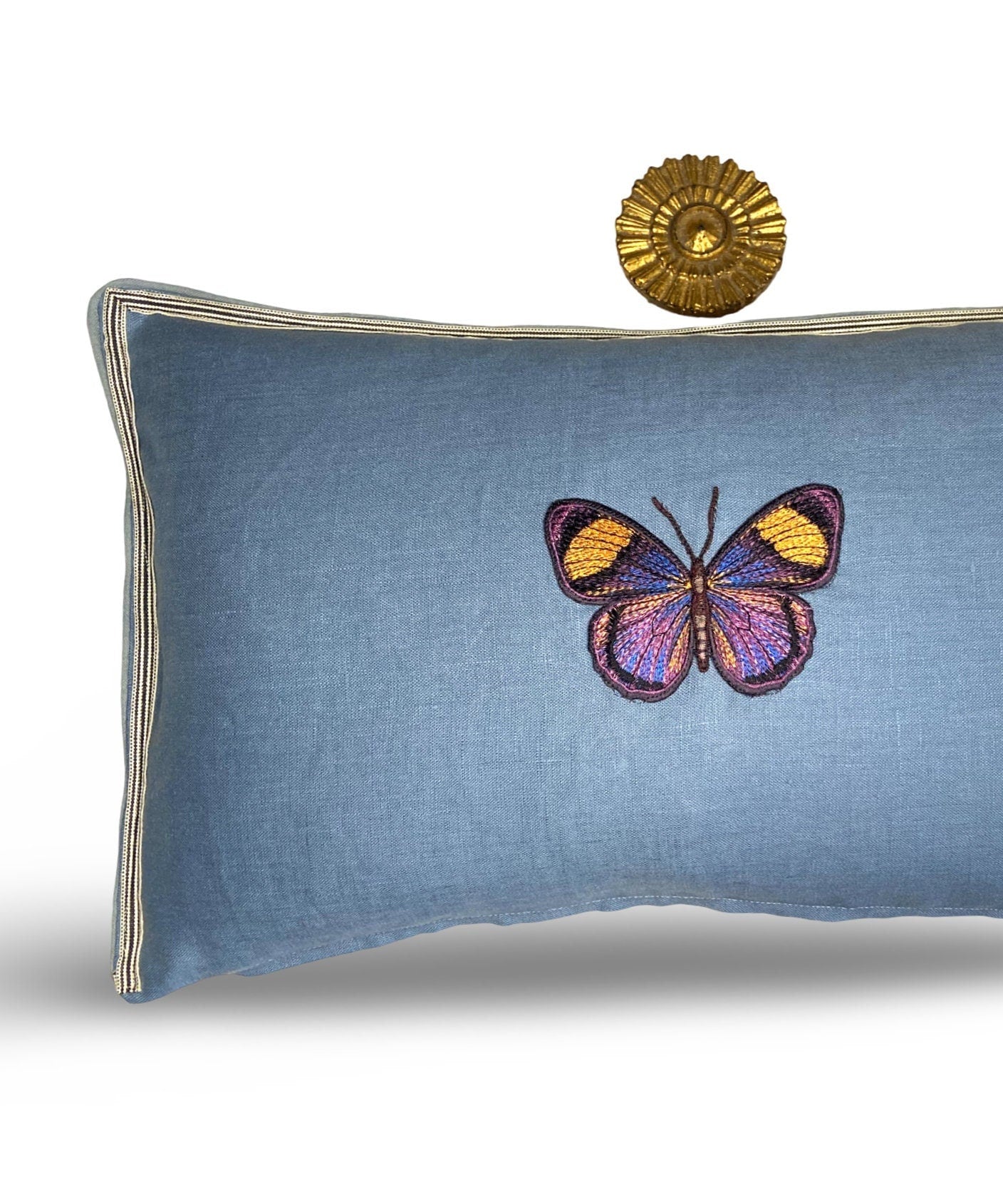 Butterfly Aqua Blue Green Embroidered  Linen Pillow - Embroidery Pillow