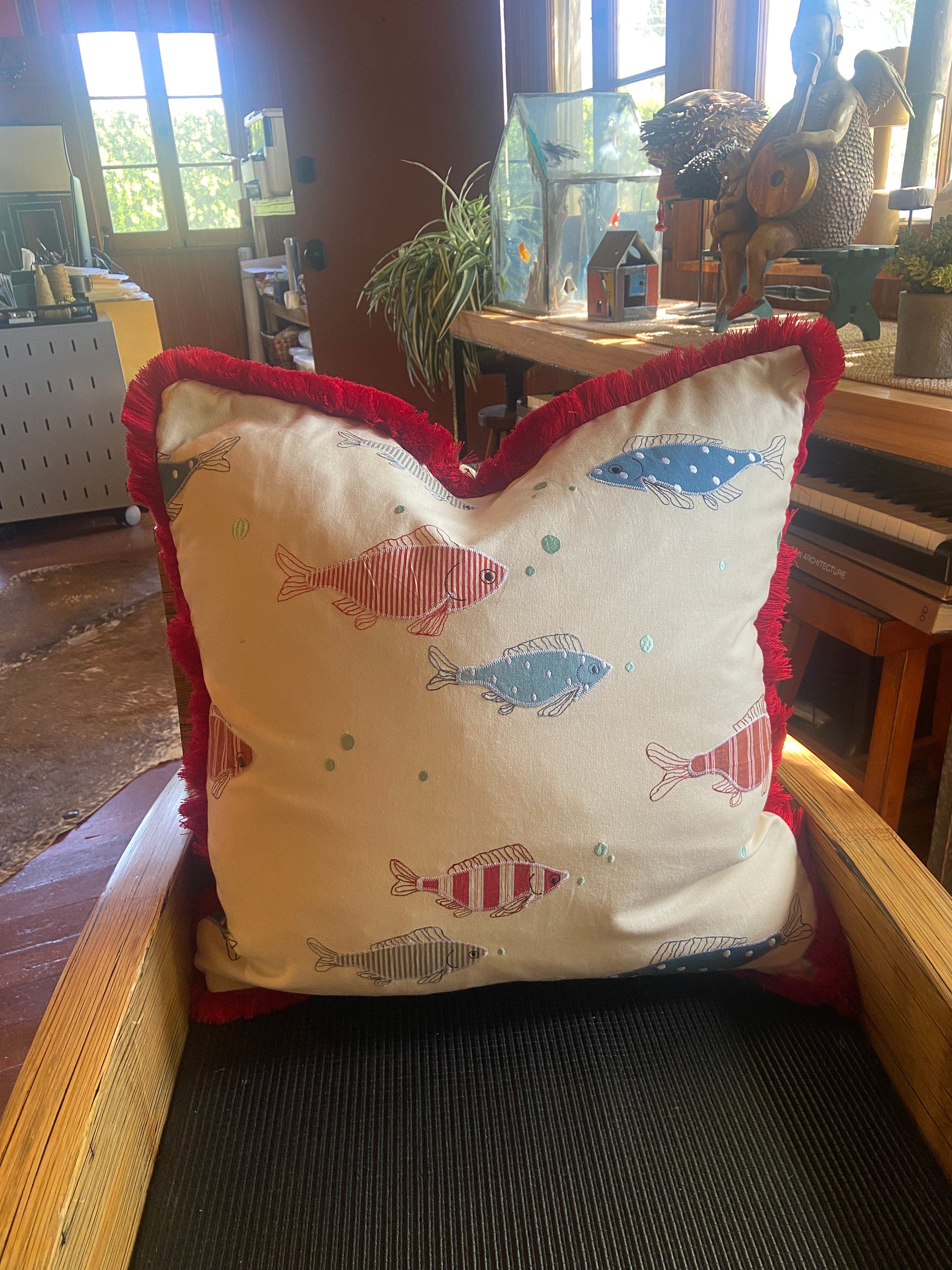 Decorative red and blue fish pillow - beach decor pillow - lake cabin fish pillow