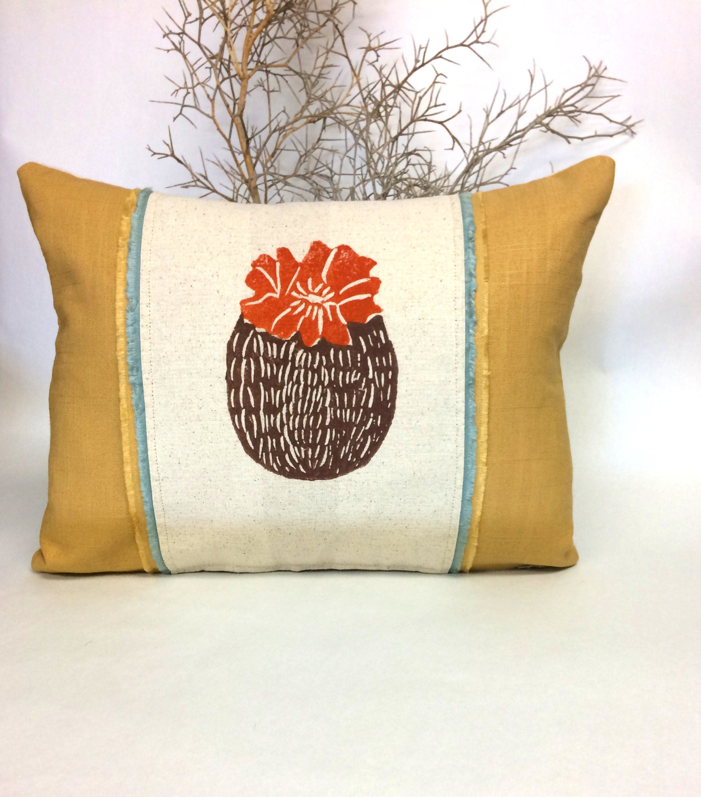 Hand Printed Cactus Pillow: Mustard Yellow Linen with Fringe Trim