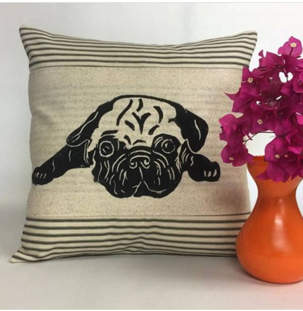 Hand Block Print Pug Pillow: Ticking Stripe Decorative Cushion