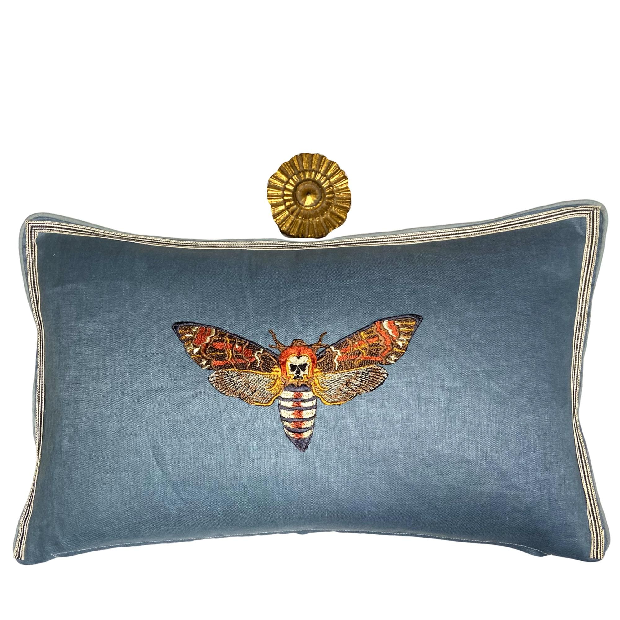 Embroidered Moth Linen Pillow: Slate Blue Decorative Lumbar