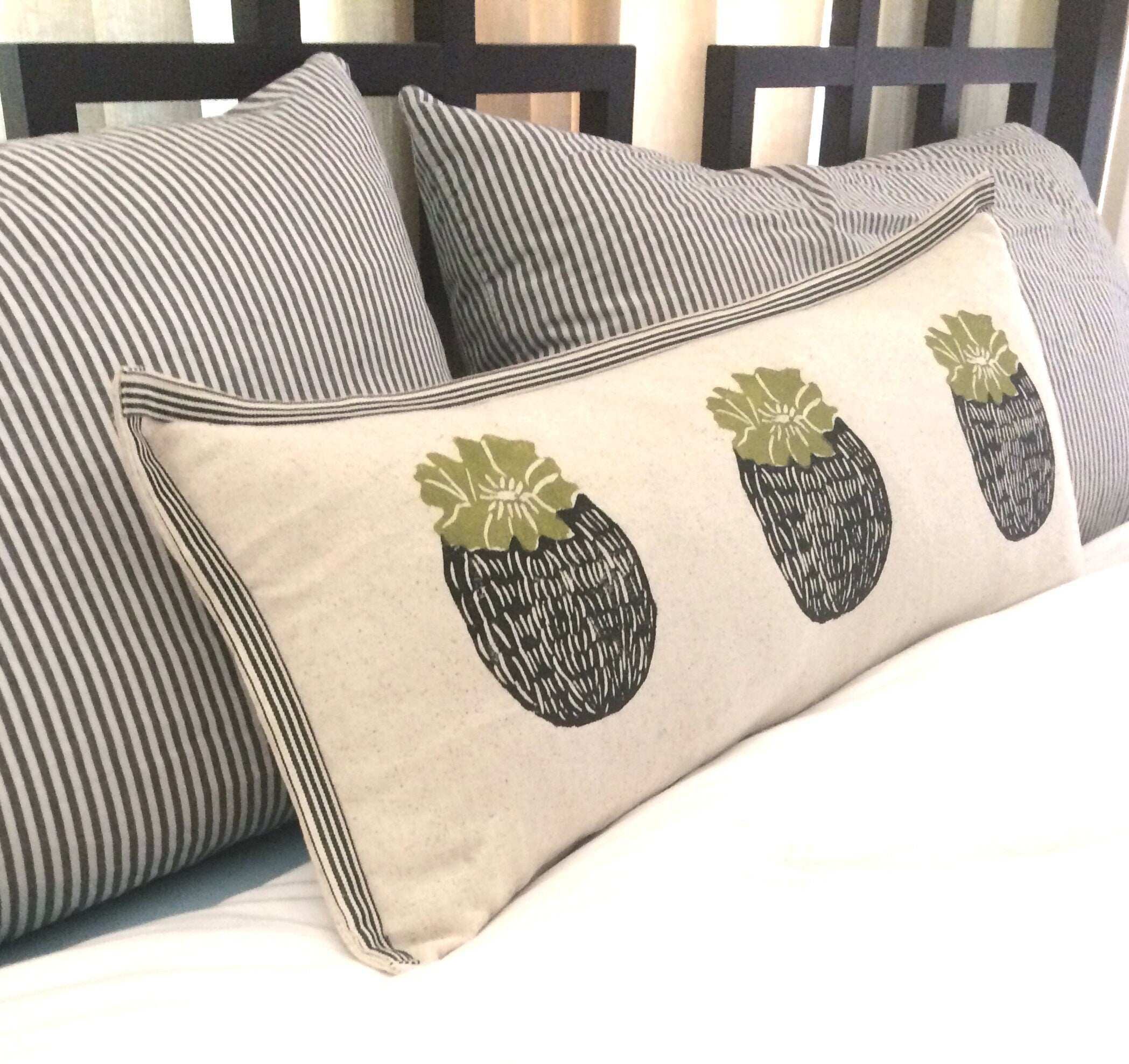 Barrel Cactus Print Kidney Pillow: Hand Block Printed Decorative Pillow