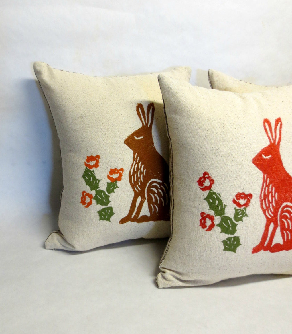 Hand Printed Rabbit Cactus Pillow: Desert Home Decor
