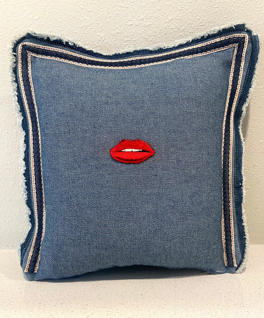 Denim Throw Pillow: Red Lips Embroidery, Raw Fringe Edge