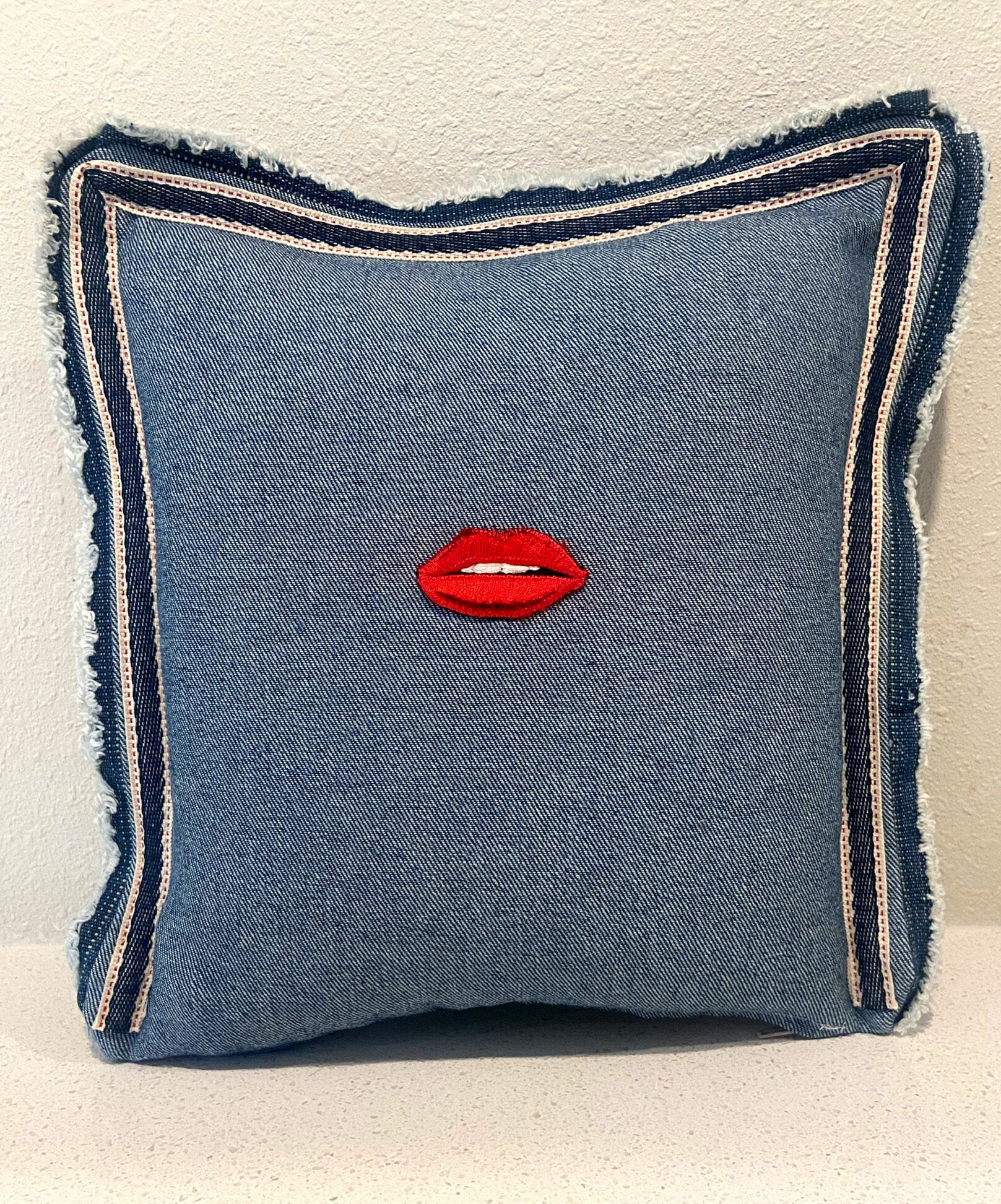 Denim Throw Pillow: Red Lips Embroidery, Raw Fringe Edge