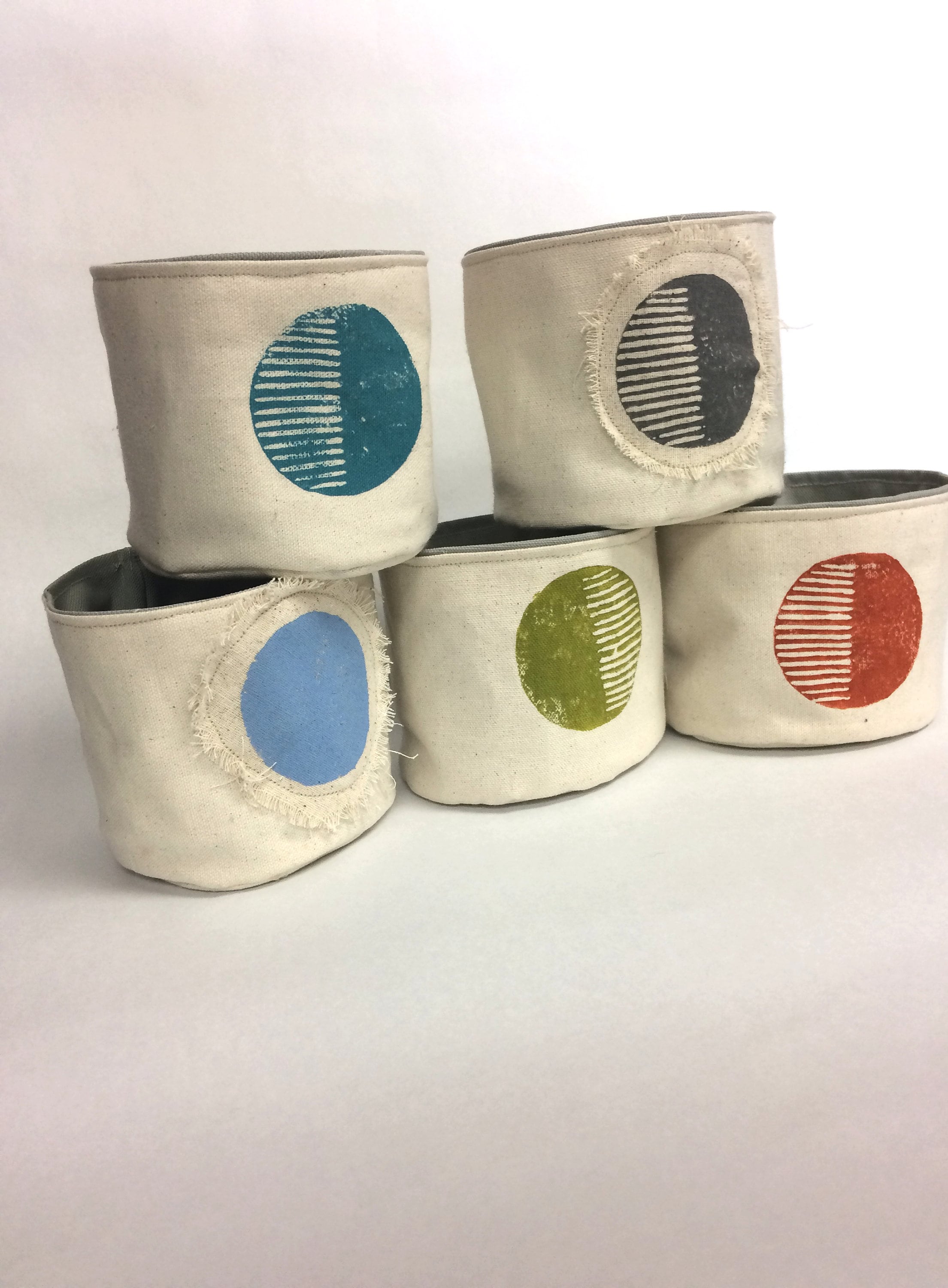 5” Circular Print Succulent / Plant Pot, Blockprinted Fabric Bucket