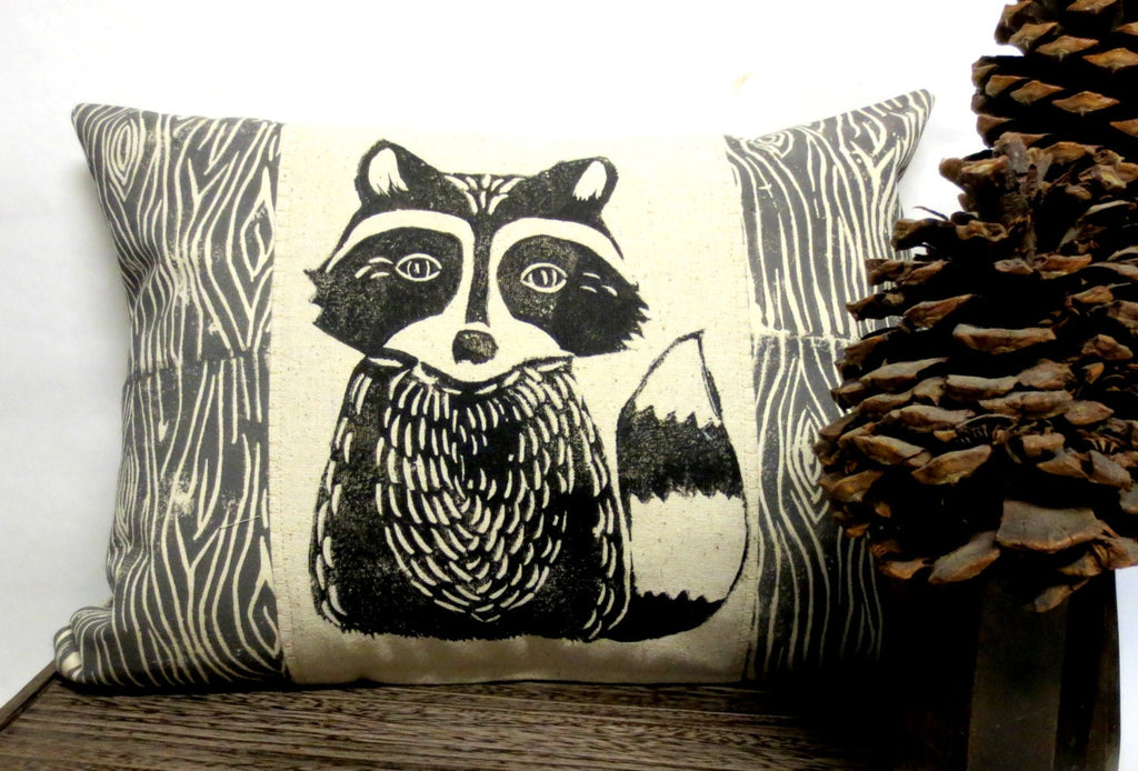 Raccoon Pillow: Hand Carved Block Print, Woodland Nursery Decor