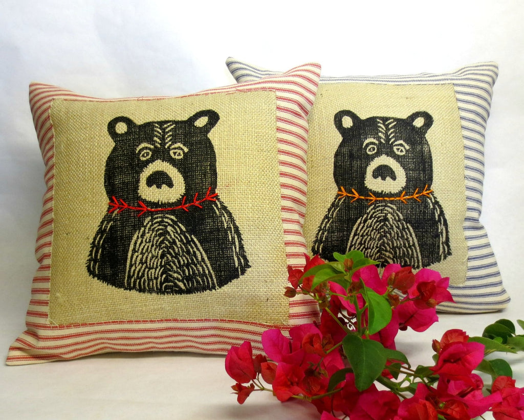 Hand Printed Bear Pillow: Ticking Stripe Decorative Pillow