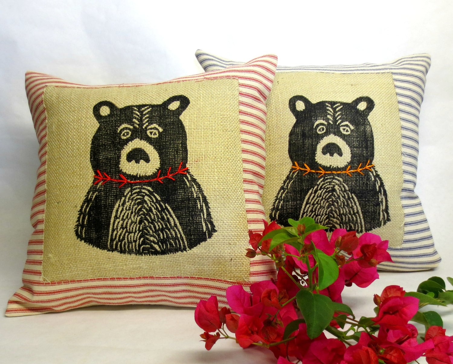 Hand Printed Bear Pillow: Ticking Stripe Decorative Pillow