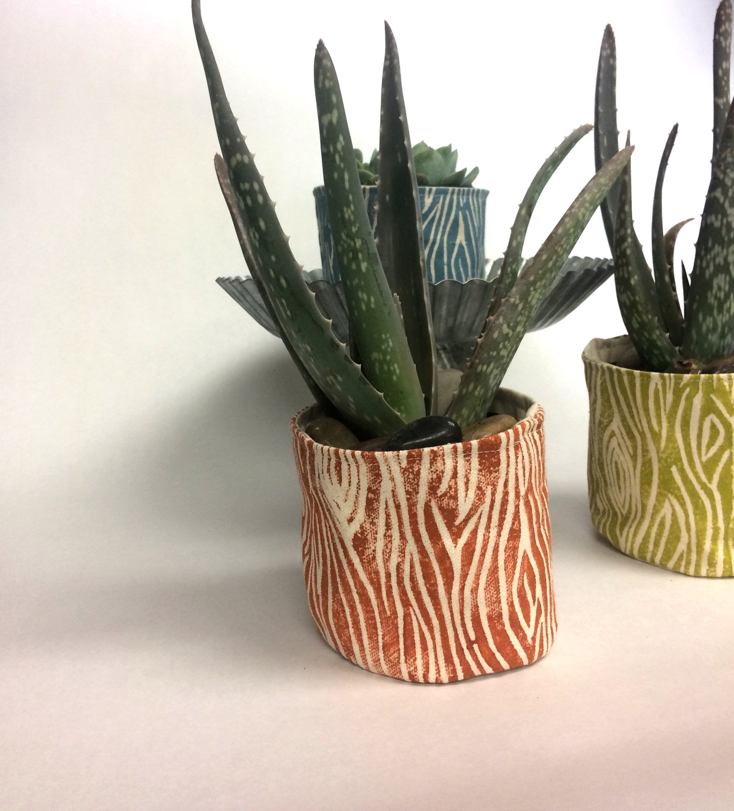 Wood Grain Print Fabric Plant Pot: Blockprinted Organic Cotton Sleeve