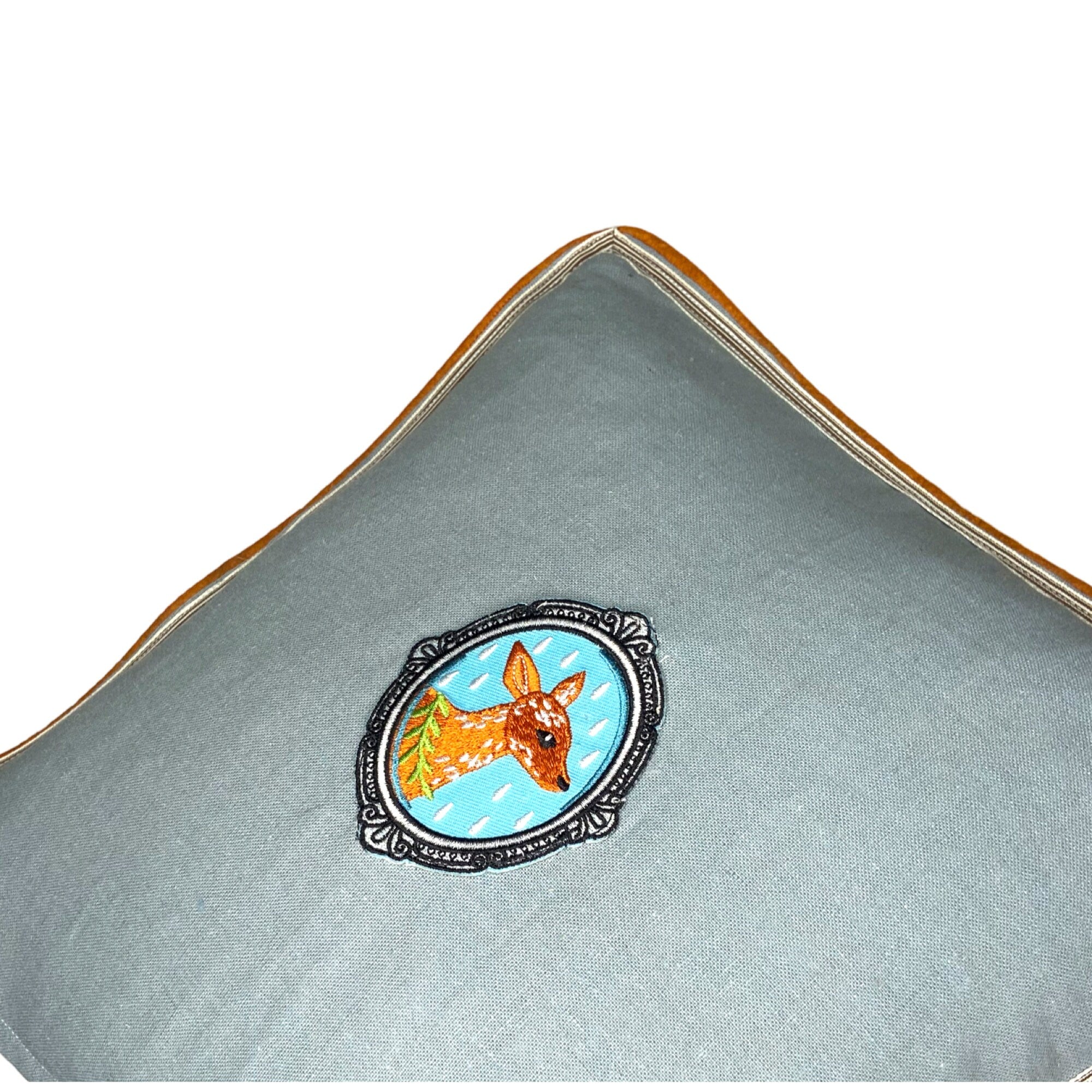 Slate Blue and Orange Deer Linen Pillow - deer fawn woodland baby nursery gift - pillow