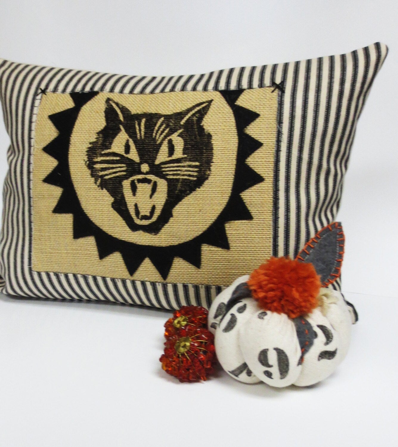 Halloween Kitty Cat Burlap Lumbar Pillow - Gothic Decor