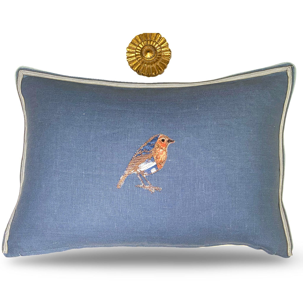 Embroidered Bird Linen Pillow: Slate Blue & Orange Accent