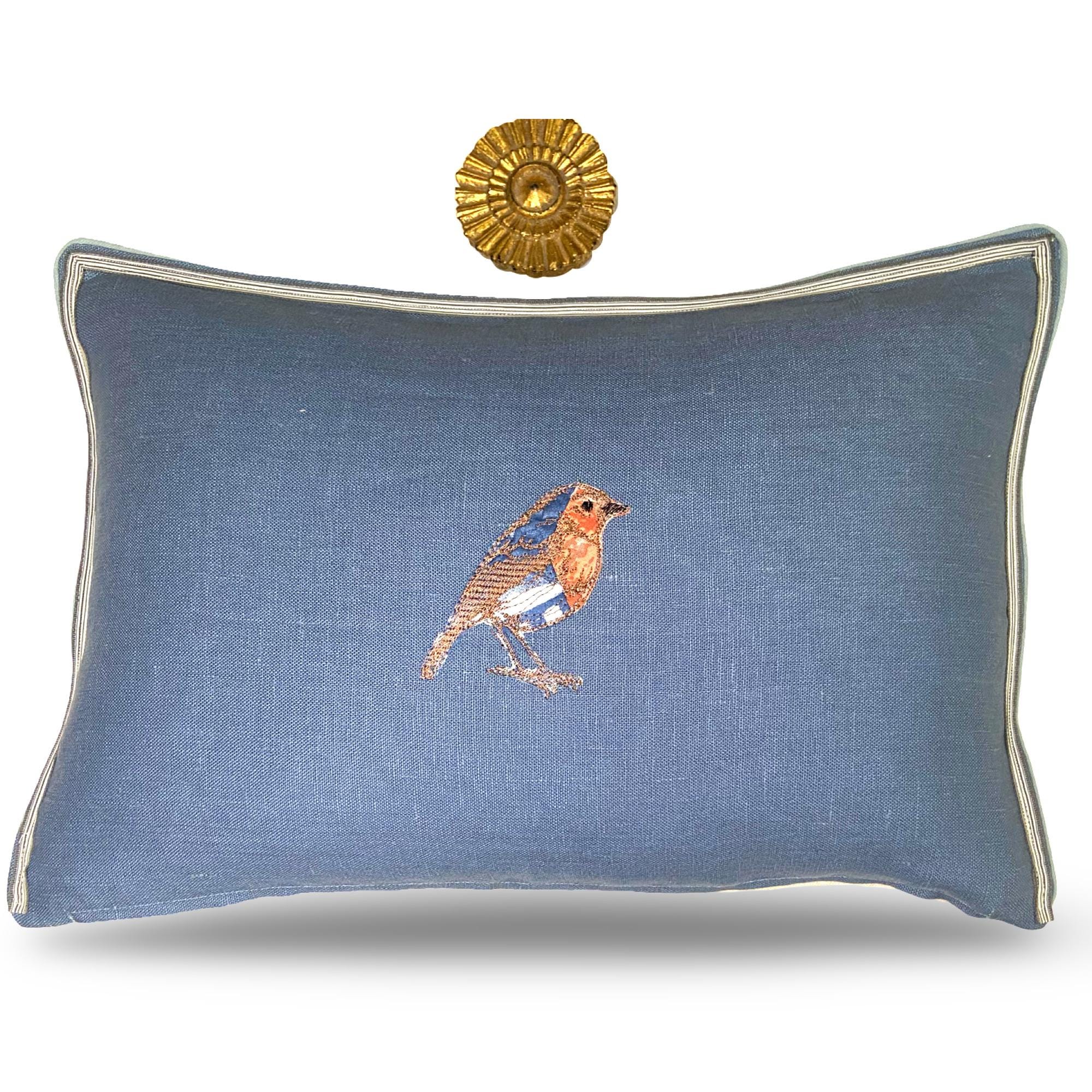 Embroidered Bird Linen Pillow: Slate Blue & Orange Accent