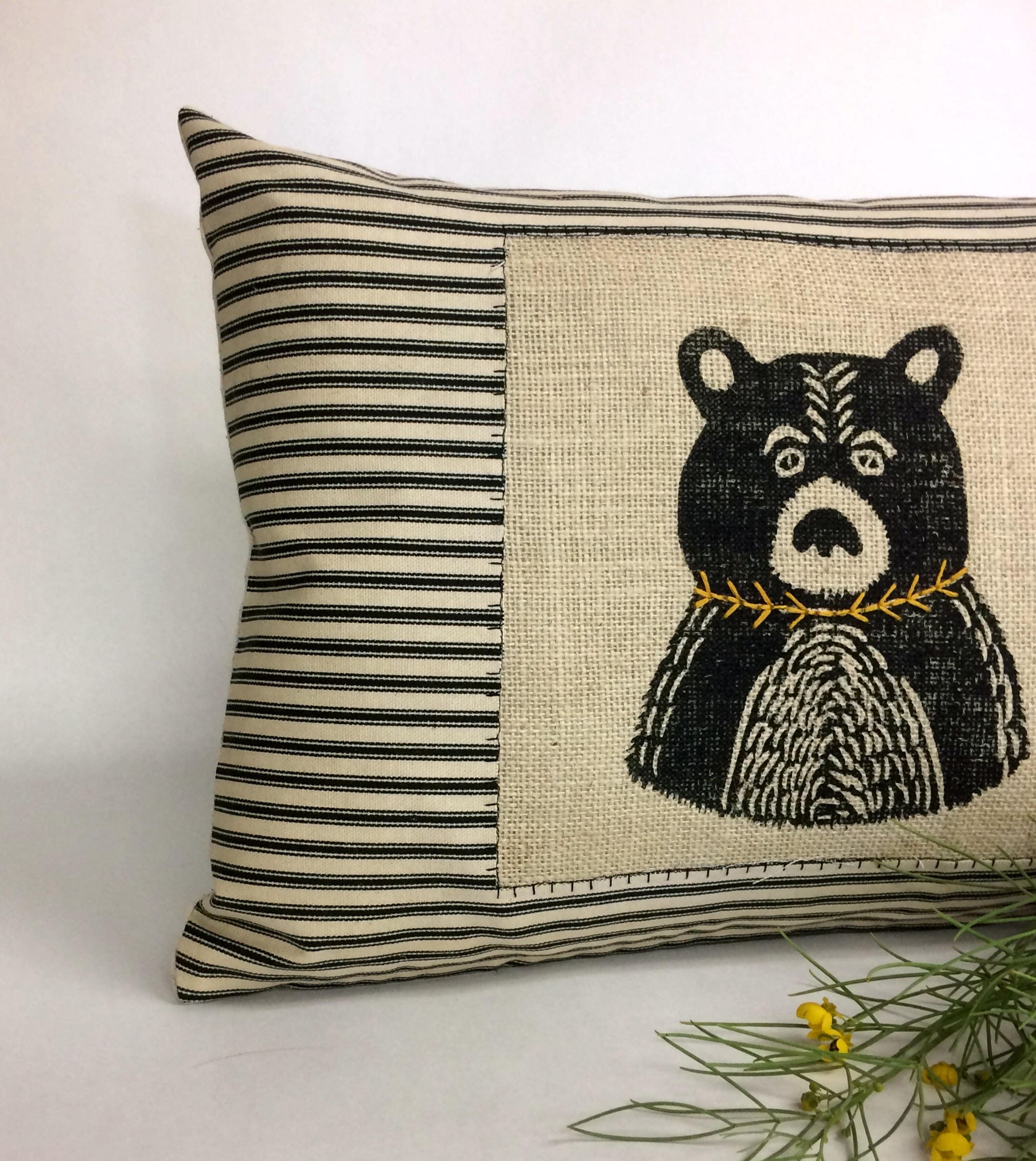 Hand Printed Bear Throw Pillow: Black Burlap, Embroidered Detail