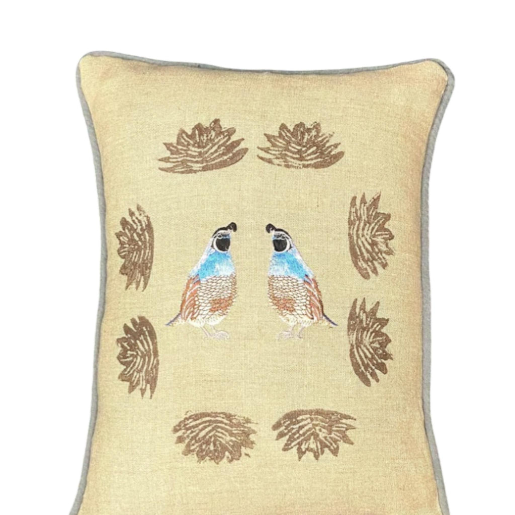 Embroidered Blue Quail Bird Linen Pillow – Desert Cactus Print Trim