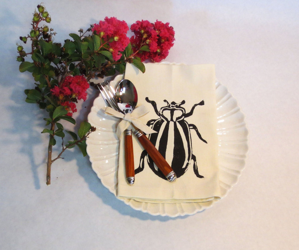 Set of Four Ivory Cotton Napkin with Hand Print Beetle Design / Hostess Gift