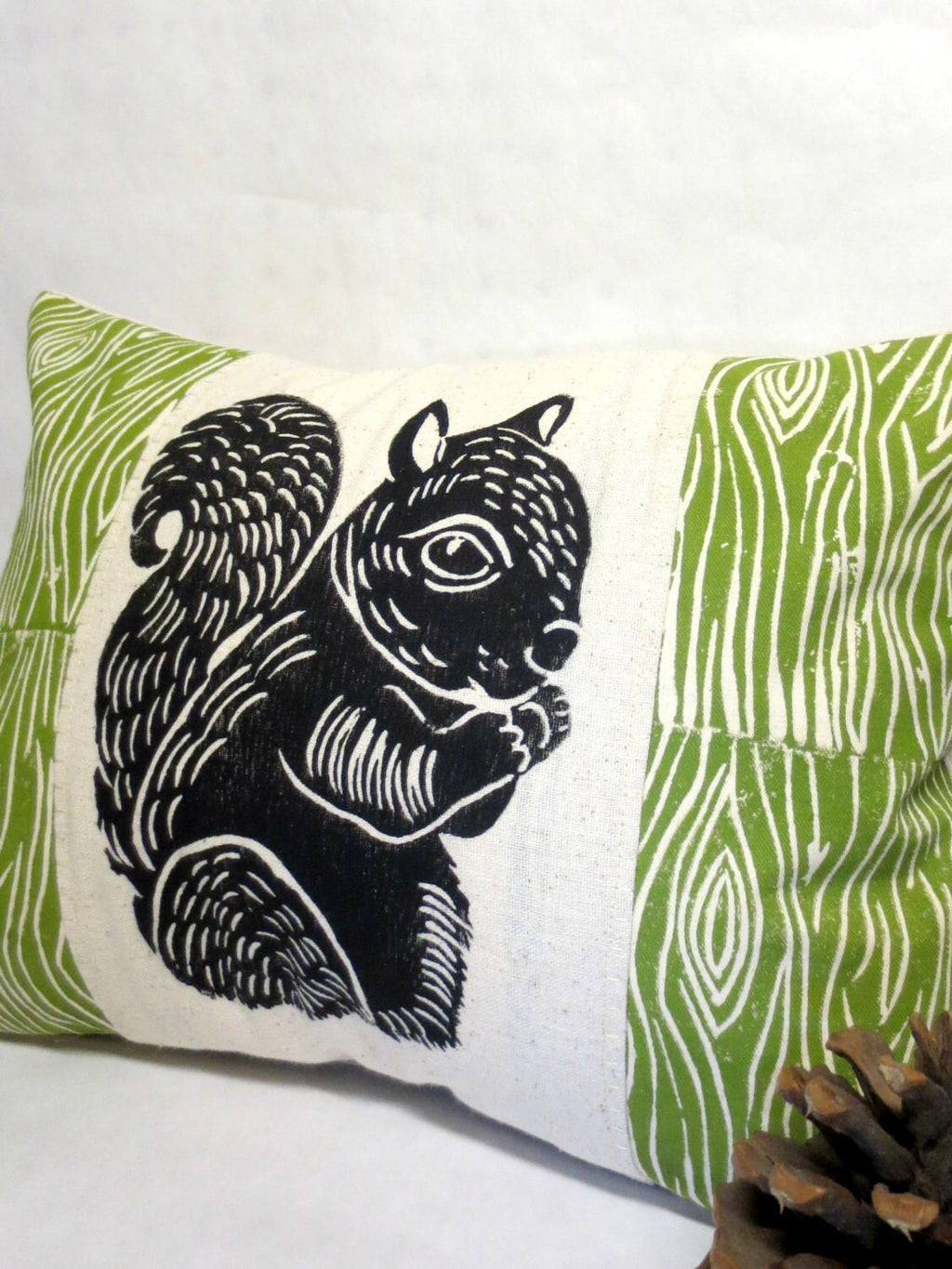Squirrel Print Pillow: Woodland Wood Grain Design