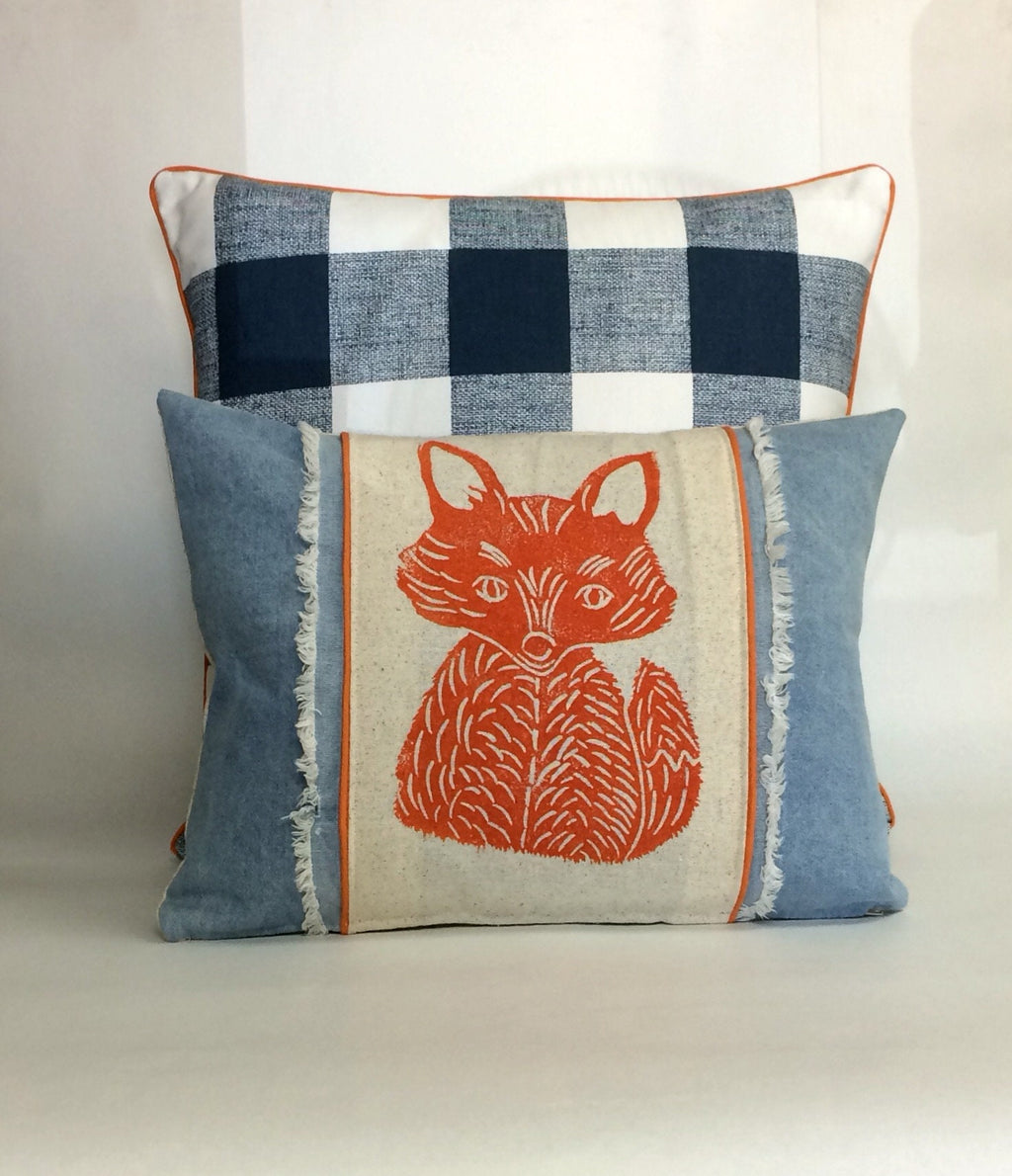 Fox Print Denim Pillow: Hand Carved Woodland Nursery Decor