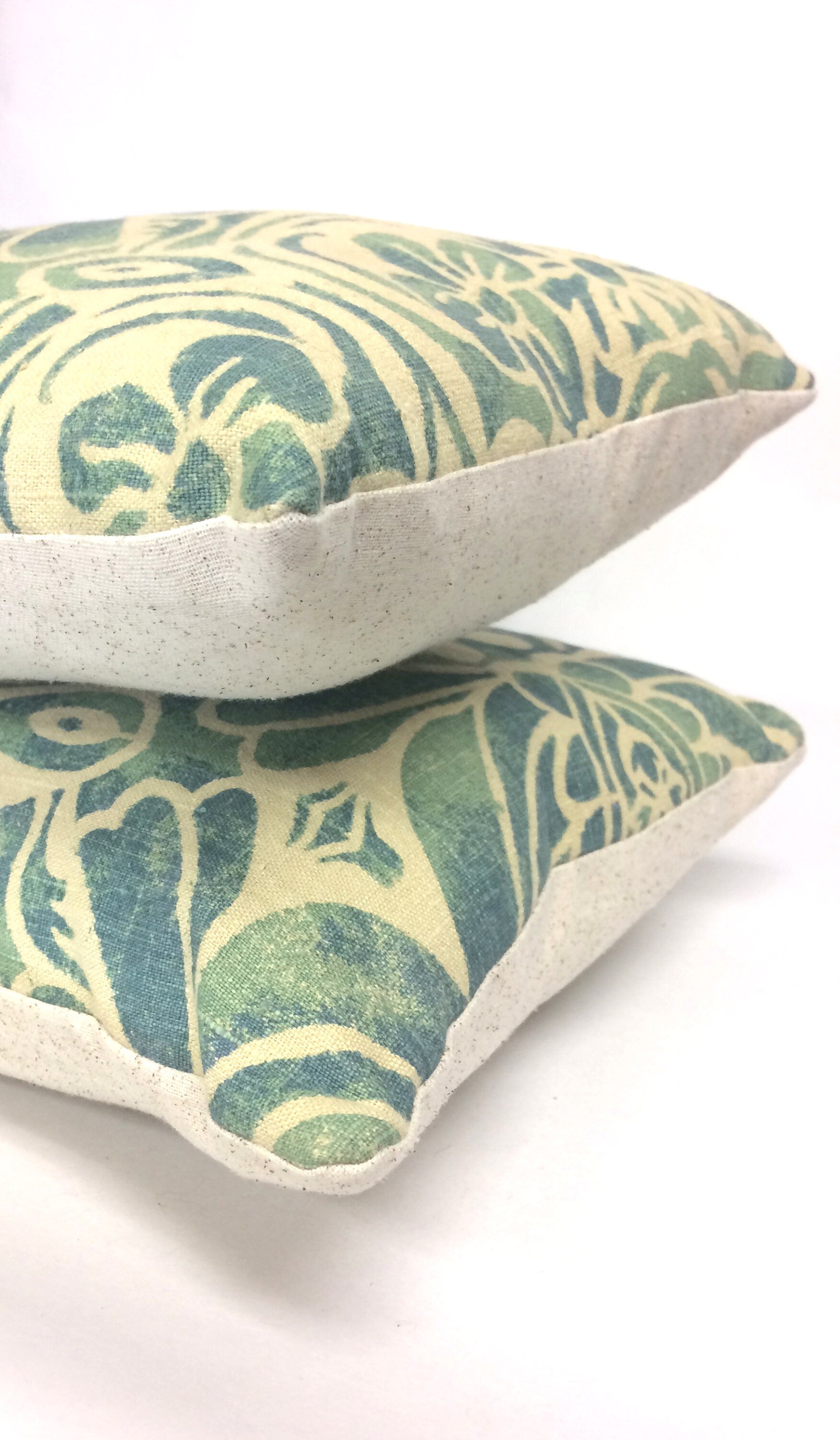 Bohemian Lumbar Pillow: Vintage Hand-Printed Linen, Teal Blue Green
