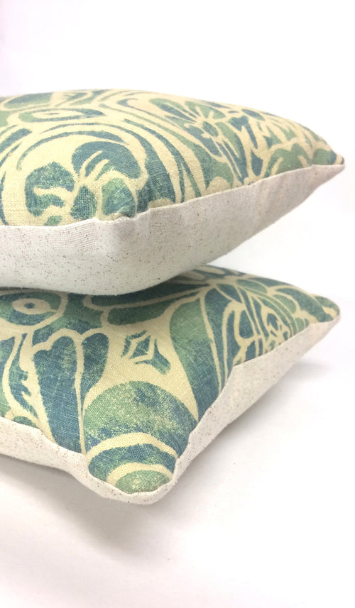 Bohemian Lumbar Pillow: Vintage Hand-Printed Linen, Teal Blue Green