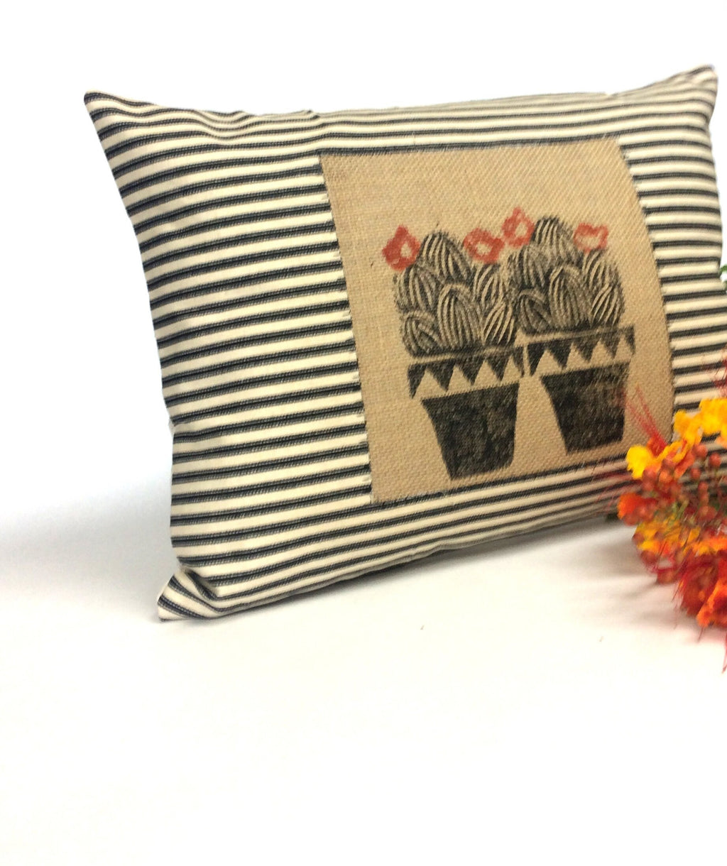 Hand Printed Cactus Pillow: Black & Beige Cotton Throw Pillow